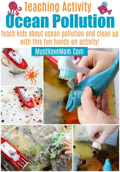 Ocean pollution sensory bin teaching activity for kids. Great educational activity to show kids how pollution effects ocean animals. #SummerCampAtHome #ocean #sensorybin #sensoryplay #sensory #kidsactivities #pollution #educationalactivities #play #kids Pollution Sensory Bin, Ocean Pollution Activity, Pollution Activities, Sustainability Activities, Ocean Theme Preschool, Animal Activities For Kids, Eyfs Activities, Ocean Pollution, Ocean Activities