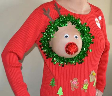 Ugly Xmas Sweater Ideas, Creative Ugly Christmas Sweater, Ugliest Christmas Sweater Ever, Ugliest Christmas Sweater, Ugly Christmas Sweater Diy, Mom Makeover, Christmas Sweater Diy, Christmas Sweater Party Ideas, Ugly Sweater Party Ideas