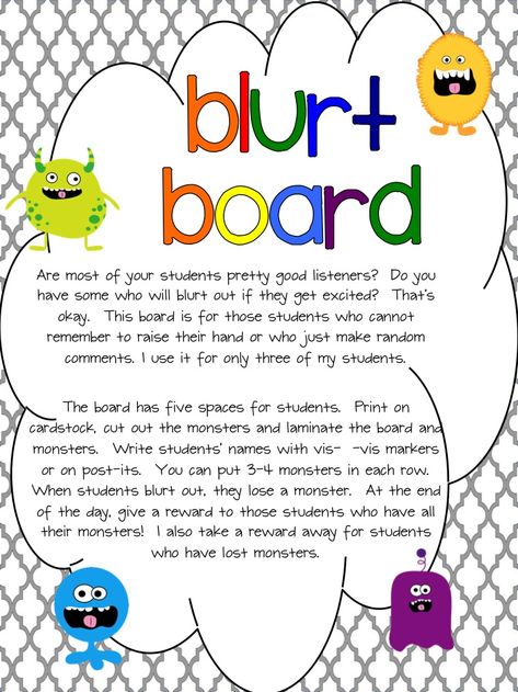 Are most of your students pretty good listeners?  Do you have some who will blurt out if they get excited?  When my students are excited they’re always blurting out. But, I have three students in particular who have a hard time remembering to raise their hand or who just make random comments.     I created...Read More » Talkative Class, Behavior Tips, Monster Clipart, Classroom Behavior Management, Behaviour Management, Social Thinking, Organization And Management, Student Behavior, What I Have Learned