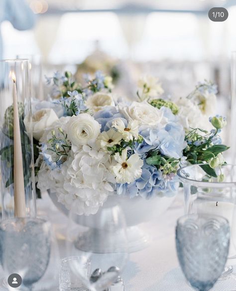 Blue Charger Plates, Blue Hydrangea Centerpieces, Cornflower Blue Wedding, Blue Charger, White Hydrangea Centerpieces, Tent Interior, Blue Hydrangea Wedding, Blue Green Wedding, When We First Met