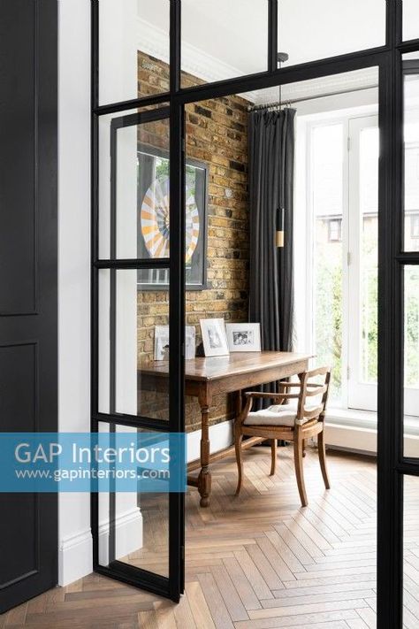 View into home office through crittall style doors. Shower Storage Solutions, Crittall Doors, Crittal Doors, Retro Homes, Dining Room Window Treatments, Outdoor Living Patios, Diy Exterior, Door Office, Diy Window Treatments