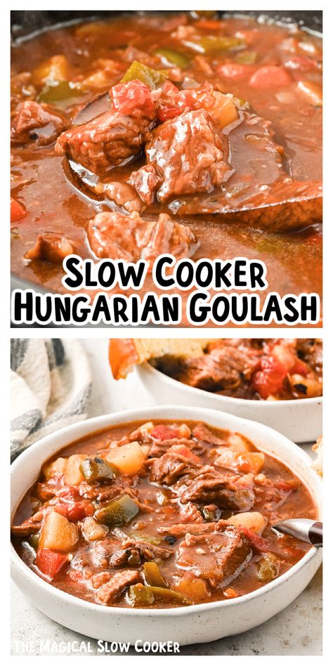 Traditional ingredients like thick chunks of beef stew meat, bell peppers, chopped carrots, thick-cut potatoes, and tomatoes are the highlights of this Slow Cooker Hungarian Goulash recipe. This comfort food is absolutely delicious and one the entire family is sure to love. - The Magical Slow Cooker Beef Goulash Slow Cooker, Goulash Slow Cooker, 2024 Holidays, Magical Slow Cooker, Hungarian Goulash, Stew Beef, Goulash Recipe, The Magical Slow Cooker, Main Entrees