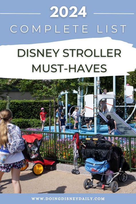 double stroller and Disney stroller parked  along a fence with children playing on an outdoor playground in Epcot Disneyland Stroller Tips, Disney World Stroller Tips, Best Stroller For Disney World, Best Double Stroller For Disney, Disney With An Infant, Stroller Organization For Disney, Disney Must Haves For Toddlers, Disney Stroller Organization, Stroller Hacks For Disney