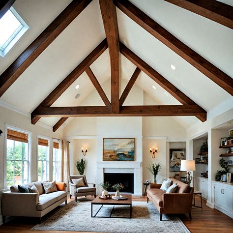 Wood Beam Ceiling Hallway, Light Wood Ceiling Living Room, Wooden Cathedral Ceiling, Dark Wood Ceiling Beams, Wooden Beams On Ceiling, Stained Beams Ceiling, Dark Ceiling Beams, Ceiling Beam Ideas, Wood Beams On Ceiling