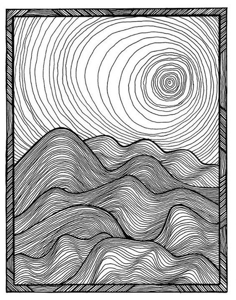 A surreal representation of a dune landscape with a disturbing whirlpool sun. Circular Line Art, Ink Art Landscape, Dune Landscape, Starověký Egypt, Sun Drawing, Elements And Principles, Contour Drawing, White Drawing, Soyut Sanat Tabloları