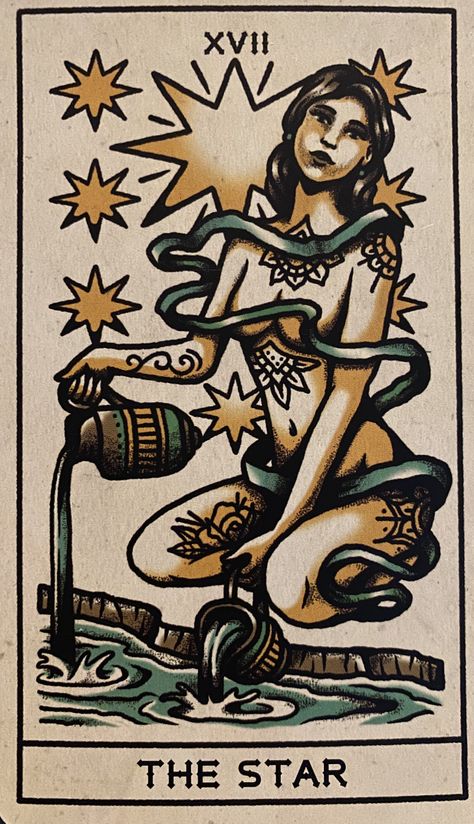 The Star Tarot Card Drawing, Tarot Card The Star Tattoo, Tattoo Tarot Deck, Star Card Tattoo, Tarot Card Tattoo Star, The Star Tarot Art, American Traditional Tarot Card Tattoo, Tarot Card Tattoo Traditional, Tower Tarot Tattoo