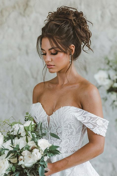 Voluminous brunette updo with floral accents for wedding. Elegant Buns, Gorgeous Wedding Hairstyles, Voluminous Updo, Romantic Waves, Loose Wedding Hair, Rustic Wedding Hairstyles, Elegant Bun, Rustic Weddings, Wedding Hair Down