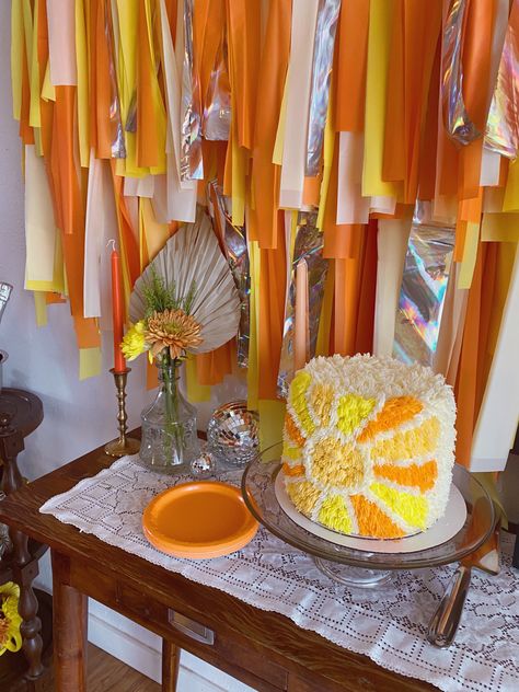 Orange and yellow gender neutral disco baby shower brunch disco party Retro Gender Reveal Party, Retro Sunshine Birthday Party, Retro Sun Birthday Party, 70s Party Centerpiece Ideas, Two Groovy Boy Birthday, 70s Baby Shower Theme, 70s Graduation Party, 70s Theme Baby Shower Ideas, Groovy Bridal Shower Ideas