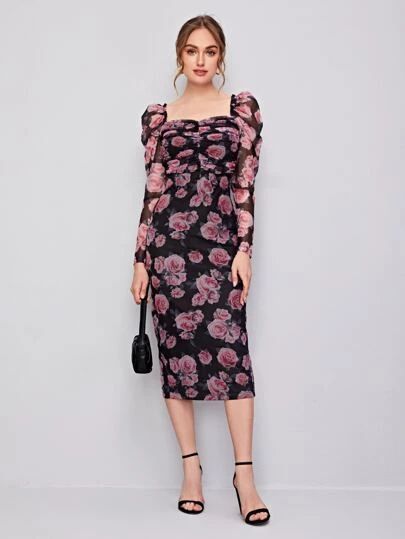 SHEIN Floral Print Mock Neck Bodycon Dress | SHEIN EUR Full Sleeve Bodycon Dress, Bday Dress, Marled Dress, Floral Mesh Dress, Gigot Sleeve, Elegant White Dress, Leg Of Mutton Sleeve, Split Hem Dress, Elegant Black Dress