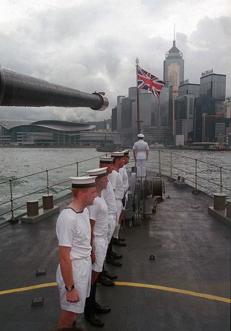 as Royal Navy Sailors stand to attention as a mark of respect as the ship passes through Victoria Harbour, Hong Kong, June 30, 1997 British Hong Kong, Victoria Harbour, Navy Sailor, June 30, The Ship, Royal Navy, Commonwealth, Submarine, Sydney Opera House