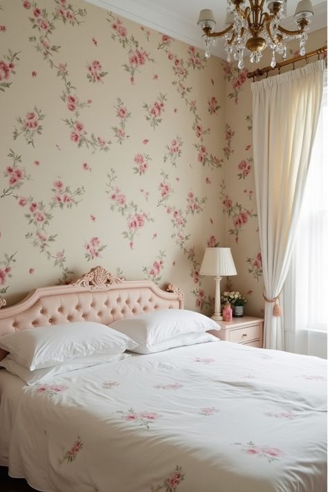 Vintage bedroom with floral wallpaper and soft paint Slanted Wall Wallpaper, Wall Papering Ideas Bedroom, Romantic Bedroom Design, Bedroom Wallpaper Ideas, Farmhouse Wallpaper, Wallpaper And Paint, Washable Wallpaper, Wallpaper Room, Paint Inspiration