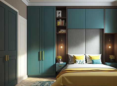 Built In Wardrobe Ideas Around Bed, Fitted Wardrobe Design, Bedroom Built In Wardrobe, Bespoke Wardrobe, Teal Bedroom, Built In Bed, Wardrobe Designs, Sliding Wardrobe Doors, Bright Decor