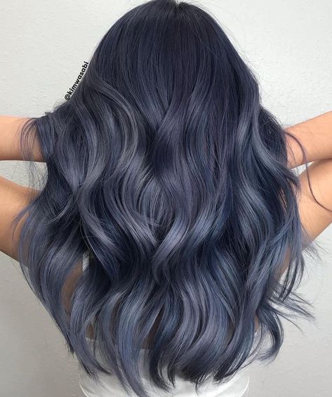 Smokey Blue Balayage, Brown And Ash Grey Hair, Grey Blue Ombre Hair, Blueish Grey Hair, Ashy Blue Hair Balayage, Smokey Navy Hair, Dark Gray Blue Hair, Blue Ash Hair Color, Slate Blue Hair