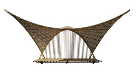 Bamboo Showcases its Flexibility in Hyperbolic Pavillion,Courtesy of Building Trust International Hyperbolic Paraboloid, Auditorium Architecture, Shell Structure, Presentation Board Design, Landscape Design Drawings, Wooden Facade, Pavilion Architecture, Bamboo Architecture, Pavilion Design