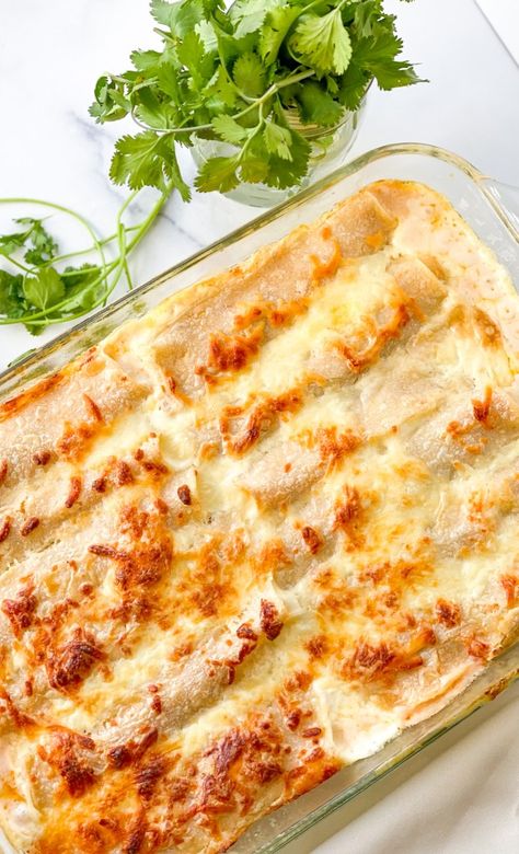 Chicken Enchiladas With White Sauce, Enchiladas With White Sauce, Enchilada Filling, White Sauce Enchiladas, Creamy White Sauce, Mexican Food Dishes, White Chicken Enchiladas, Creamy Chicken Enchiladas, Diced Green Chilies