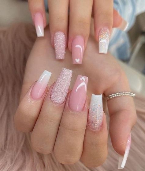 Ombre French Nails With Diamonds, Sugar Glitter Nails, Pink And White Nails, Mickey Nails, Pink Ombre Nails, Ombre Acrylic Nails, Ombre Nail Designs, Pretty Nail Art Designs, Acrylic Nails Coffin Pink