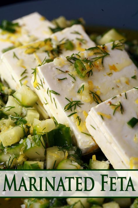 4 slices of lemon herb marinated feta cheese on a bed of marinated cucumber. Marinated Feta, Mediterranean Appetizers, Heart Healthy Snacks, Marinated Cheese, Feta Cheese Recipes, Gourmet Appetizers, Chilled Desserts, Pescatarian Recipes, Cold Appetizers