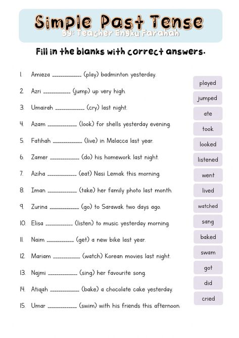 Grammar online activity for Year 3. You can do the exercises online or download the worksheet as pdf. Simple Past Tense Worksheet, Simple Present Tense Worksheets, Tense Worksheet, Past Tense Worksheet, Tenses Exercises, English Grammar Exercises, Simple Past, Simple Present Tense, Simple Past Tense