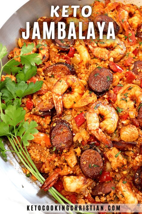 Keto Jambalaya This easy and healthy Keto Jambalaya with sausage, chicken, and shrimp is bursting with the most incredible layers of flavor and texture and it's ready in just 45 minutes! #ketocajun #ketodinners #lowcarbdinners Sausage Low Carb Dinner, Shrimp And Sausage Keto Dinner, Keto Jumbolia, Keto Jambalaya Recipe, Keto Chicken Sausage Recipes, Shrimp And Sausage Recipes, Keto Jambalaya, Keto Shrimp, Keto Seafood