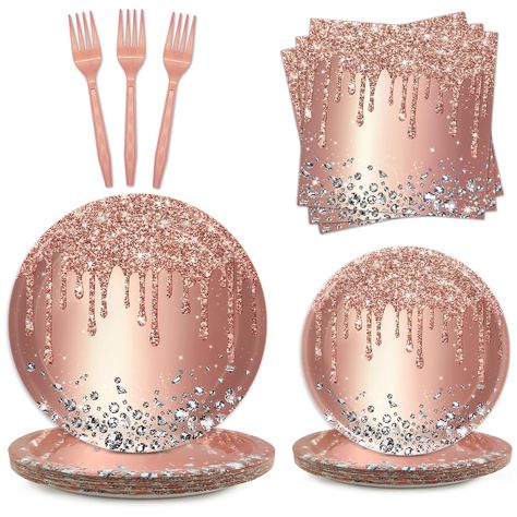 PRICES MAY VARY. 【Package Contents】：Transform your celebration with our Pink Rose Gold Birthday Party Set, designed to serve 24 guests. This comprehensive package includes 24 each of 7" dessert plates, 9" dinner plates, 6.5" napkins, and 6.5" forks. Elevate your party experience and make it truly memorable with our pink rose gold tableware. 【Quality Material】：Elevate your anniversary celebration with our exquisite rose gold party plates and napkins. Crafted from high-quality paper materials, the Rose Gold And Black Retirement Party, Rose Gold Engagement Decorations, Rose And Gold Birthday Party, Rose Gold Reception Decor, Gold And Rose Gold Decor, Rose Gold 18th Birthday Party Ideas, Rose Gold 60th Birthday Party, 80 Th Birthday Party Ideas, Formal Party Decor