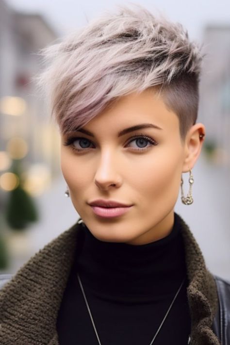 Cropped Womens Hair, Short Pixie Undercut Hair, Very Short Woman Haircut, Short Pixie Haircuts Shaved Sides, Pixie Haircut Shaved Sides Edgy, Super Short Pixie Shaved Sides Fine Hair, Edgy Pixie Haircuts Fine Hair, Pixie Hairstyles With Shaved Sides, Short Hair Asymmetrical Pixie