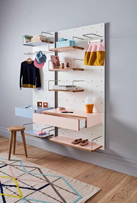 This customisable peg board storage system is next level! - The Interiors Addict Modular Bedroom, Board Storage, Creative Storage, Kids Bedroom Furniture, The Design Files, Peg Board, Interior Inspo, Retail Design, Design Files