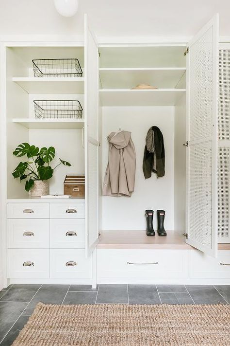 Mudroom Drawers, Transitional Laundry Room, White Upper Cabinets, White Built Ins, Mudroom Remodel, Mudroom Cabinets, Mudroom Flooring, Blue Shelves, Oak Floating Shelves