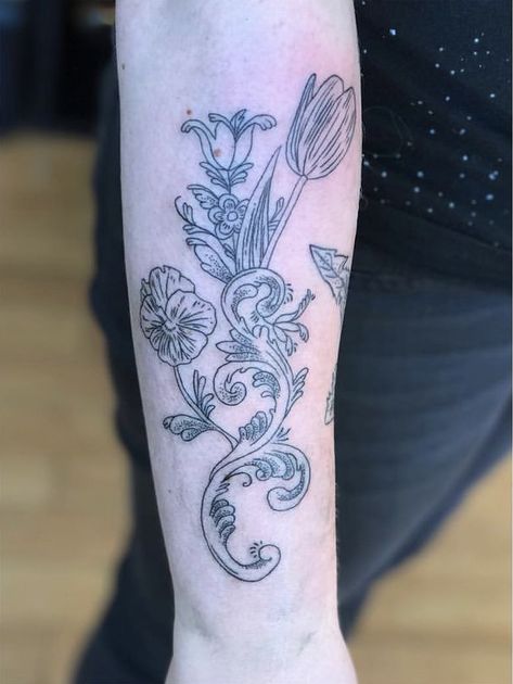 Scandinavian Flowers Tattoo, Swedish Flower Tattoo, Rosemaling Tattoo, Rosemaling Tattoo Black And White, Heritage Tattoo, Rogaland Rosemaling, Hallingdal Rosemaling, Tattoo Linework, Line Work Tattoo