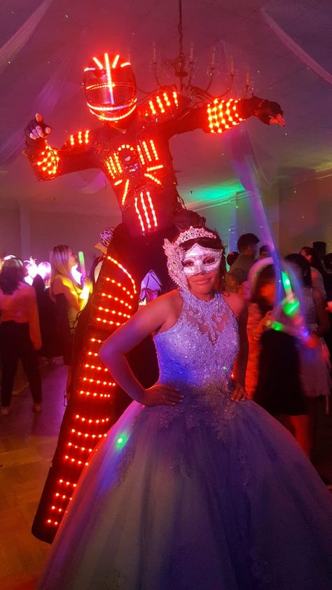 Party Robot Quince, Led Robot Quince, Quince Robots, Robot Quince, Hora Loca Wedding Ideas, Sweet 16 Masquerade Party, Lavender Quinceanera, Elvish Wedding, Bilingual Wedding