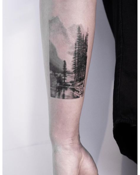 Tattoo Scenery, Lake Tattoo Ideas, Cottage Tattoo, Lake Tattoos, Thunderbird Tattoo, Scenery Tattoo, Lake Tattoo, Boat Tattoo, Rocket Art