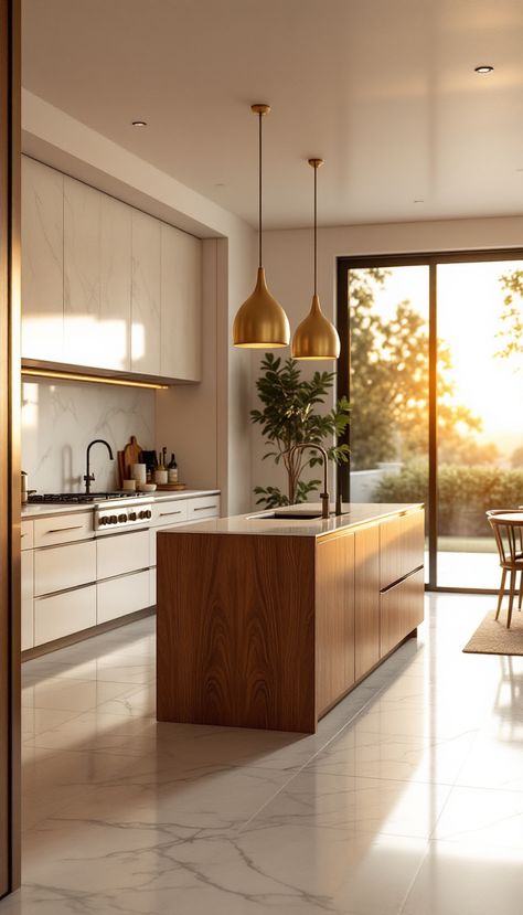 Explore this perfectly curated Mid-Century Modern kitchen, where a walnut island with white marble countertops takes center stage. Captured during the magical golden hour, this space is illuminated by floor-to-ceiling sliding glass doors and enhanced with brushed brass pendant lights. A must-see design masterpiece that promises to captivate and inspire across social media platforms. White Midcentury Kitchen, Kitchen 2025, Brass Pendant Lights, Walnut Island, White Marble Kitchen, Mid Century Modern Kitchen, Kitchen Island Lighting Pendant, White Marble Countertops, Mid Century Kitchen