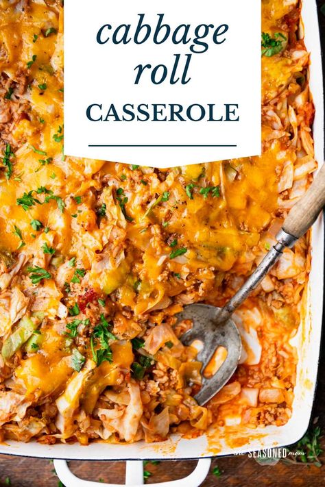 Total comfort food! This cabbage roll casserole includes all of the ingredients from my great grandmother's Polish stuffed cabbage rolls -- like ground beef, rice, tomato soup, and bacon -- without any of tedious rolling and stuffing. Cabbage Roll Casserole With Tomato Soup, Mock Cabbage Roll Casserole, Crockpot Cabbage Roll Casserole, Stuff Cabbage Rolls Recipes, Rice Tomato Soup, Unstuffed Cabbage Roll Casserole, Polish Stuffed Cabbage Rolls, Polish Cabbage Rolls, Stuffed Cabbage Casserole