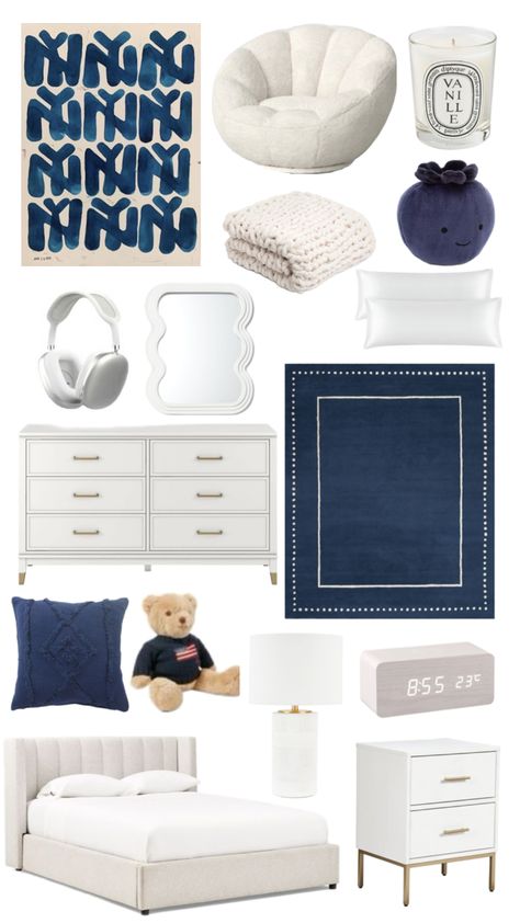 Navy And White Room Bedrooms, Black And Navy Room, Room Ideas Aesthetic Navy Blue, Navy And Cream Bedroom Ideas, Bedroom With Navy Blue Accents, Navy And Light Blue Bedroom, Navy Blue And White Bedroom Ideas, Stockholm Room Decor, Dark Blue Room Bedroom