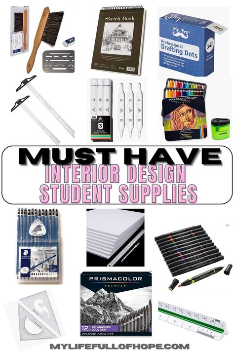 INTERIOR DESIGN STUDENT SCHOOL SUPPLIES - Essentials and Must Haves 
During the first year of interior design classes, all required supplies are important in order to complete projects and assignments. This list consists of the essential design supplies needed. Having a great portfolio is vital as a student heading into your career, having good quality supplies will help you with achieving the aesthetic that you desire. #interiordesignstudentsupplies #interiordesign #portfolio Color Psychology Interior Design, Architecture Supplies, Art Student Aesthetic, There Is Always Hope, Student Supplies, Interior Design Classes, Interior Design Career, Interior Design Principles, Interior Design Student