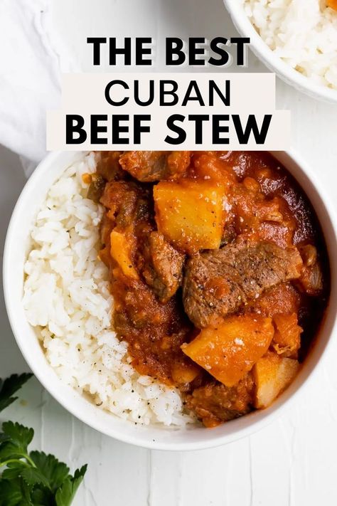 An overhead shot of carne con papas on white rice in a white bowl with the words "the best cuban beef stew" in the foreground Carne Con Papas Cuban, Papas Recipe, Cuban Beef, Beef Chunks, Beef Stew Meat Recipes, Stew Recipes Crockpot, Meat And Potatoes Recipes, Beef And Potato Stew, Cuban Dishes