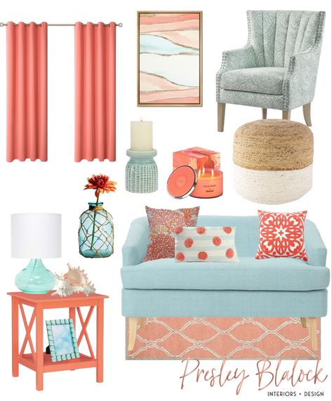 Coral And Turquoise Living Room, Orange Coastal Decor, Blue Coral Living Room, Coral Room Decor, Coral Beach House, Coral Living Room, Coral Living Rooms, Aqua Bedrooms, Beach House Decor Living Room