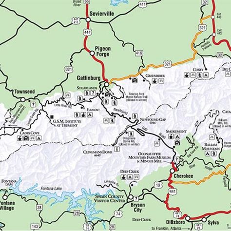 This map of Great Smoky Mountains National Park shows outlying gateways from Knoxville, Tenn. in the north to Waynesville, N.C. in the south. Great Smoky Mountains National Park Hikes, Tennessee Road Trip Map, Smoky Mountains North Carolina, Great Smoky Mountains National Park Map, Tennessee Family Vacation, Mt Leconte Great Smoky Mountains, Douglas Lake, North Carolina Waterfalls Map, Smokey Mountains National Park