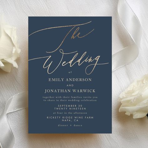 $2.30 | Navy Blue Elegant Gold The Wedding Invitation #romanticweddinginvitation #modernweddinginvitation #blackwhitegoldweddinginvitation #formalweddinginvitation #simplemodernweddinginvitation #simpleelegantweddinginvitation #modernsimplegoldcalligraphy #goldfoilweddinginvitation #navybluewhite #elegantgoldclassicwedding Navy Blue Wedding Theme, Chic Invitation, Gold Foil Wedding Invitations, Navy Blue Wedding Invitations, Black And White Wedding Invitations, Navy Wedding Invitations, Simple Elegant Wedding, Formal Wedding Invitations, Blue Themed Wedding