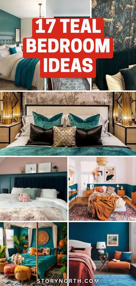 Save this pin for a burst of inspiration with #tealbedroomideas. Elevate your space with these unique and creative ideas to transform your bedroom into a tranquil oasis. Click to discover how you can refresh your room with a touch of teal! Teal Bed Decor Ideas, Teal Comforter Bedroom Decorating Ideas, Teal And Leopard Bedroom, Teal Color Schemes Bedroom, Peacock Color Bedroom, Dark Teal Blue Aesthetic, Teal And Green Bedroom, Teal And Cream Bedroom, Teal Bedroom Ideas For Women