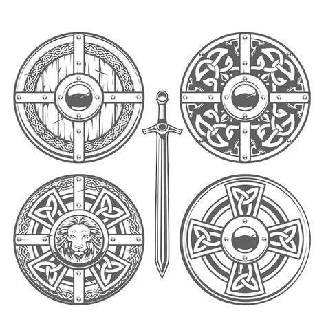 Conjunto de escudos redondos com padrão ... | Premium Vector #Freepik #vector Viking Shield Tattoo Design, Viking Shield Design, Shield Drawing, Escudo Viking, Vikings Statue, Heraldic Lion, Shield Tattoo, Viking Tattoo Symbol, Celtic Shield