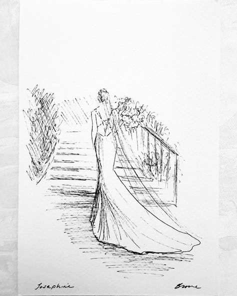 A quick sketch of the beautiful bride on her wedding day! (5”x8” pen & watercolor paper) #bethbeeart #misselwoodweddings #massachussetswedding #bride #bridestyle #thebridestory #beautifulbride #weddinginspiration Marriage Sketch, Altar Drawing, Wedding Artist, Wedding Drawing, Romanticizing School, Artistic Wedding, Bee Art, Pen And Watercolor, Quick Sketch