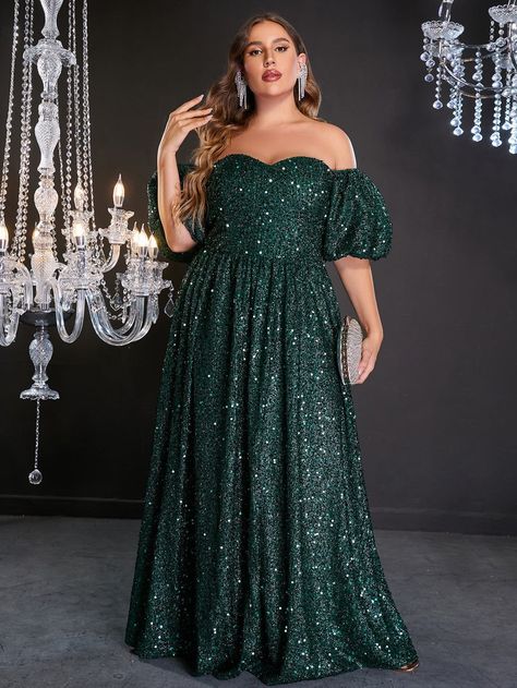 Plus Elegant Off Shoulder Short Sleeve Sequin A Line Dresses - Dark green / 2X Plus Size Gala Dress, Off Shoulder Puff Sleeve, Shoulder Puff Sleeve, Prom Dress Plus Size, Plus Size Gowns, Sequin Formal Dress, Plus Size Prom, Line Dresses, Evening Dress Fashion