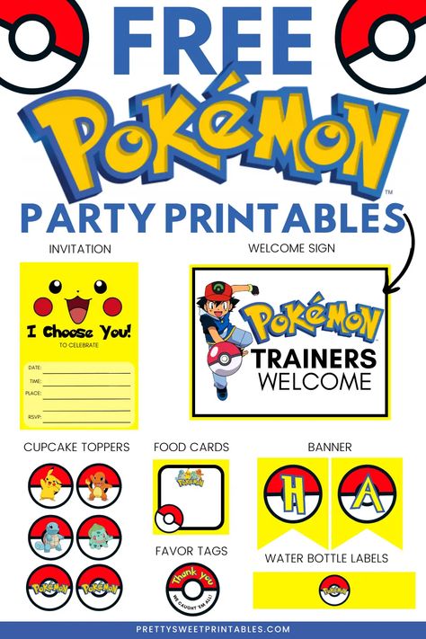 pokemon party printables Pokemon Party Printables, Pokemon Birthday Invites, Pokemon Party Invitations, Pokemon Banner, Pokemon Party Favors, Pikachu Party, Pokemon Printables, Pokemon Party Decorations, Pokemon Invitations