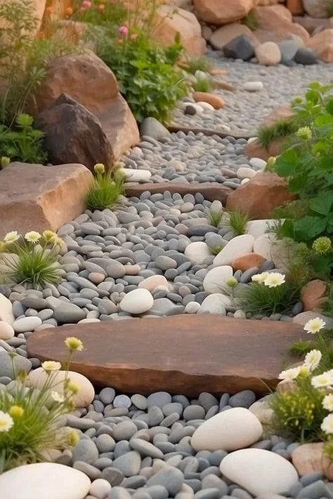 1.5.1-dry-river-bed-Glossy-Bridge River Bed Landscaping Ideas, Creative Outdoor Spaces, Dry River Bed Landscaping, River Bed Landscaping, Bed Landscaping Ideas, Yard Drainage System, Dry Riverbed Landscaping, Large Yard Landscaping, Dry River Bed