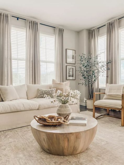 Cozy Modern Sectional, Tan House Interior, Long Formal Living Room Ideas, Rugs With Cream Leather Couch, Neutral Living Space, Modern Rustic Sitting Room, French Country Cottage Dining Room, Formal Living Room Decor Ideas, Neutral Living Room Carpet