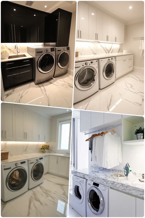 luxurious laundry room with marble flooring modern cabinets and stylish washer dryer sets Laundry Rooms Luxury, Modern Laundry Rooms Luxury, Luxury Laundry Room, Dorm Apartment Decor, Flooring Modern, Luxury Laundry, Vegas House, Washer Dryer Set, Laundry Room Layouts