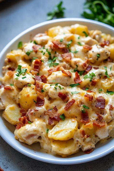 Chicken Bacon Ranch Casserole With Potatoes Quick Chicken And Potatoes Recipes, Potato’s And Chicken, Chicken Potato Bacon, Leftover Bacon Recipes, Chopmeat Recipes Dinners, Chicken Bacon Potato Casserole, Potato And Bacon Recipes, Chicken Potatoes Recipes, Chicken Bacon Ranch Potatoes