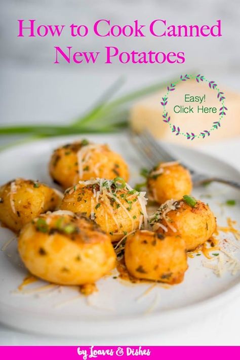 A recipe for canned new potatoes that is YUMMY!  Healthy and can be done in the crockpot, stove top, baked in the oven or roasted.  Use olive oil, sour cream, butter and spices. An easy way to use what's in your cabinet!  Ready in minutes.  Photo by Tatyana Grigoryan #cannednewpotatoes #newpotatoes #howtocookcannednewpotatoes #newpotatoesandgreenbeans  via @loavesanddishes What To Make With Canned Potatoes, Canned White Potatoes Recipes, Crockpot Canned Potatoes, Canned Potatoes In Oven, How To Cook Canned Potatoes, What To Do With Canned Potatoes, Whole Canned Potatoes Recipes, Recipes For Canned Potatoes, Recipes With Canned Potatoes