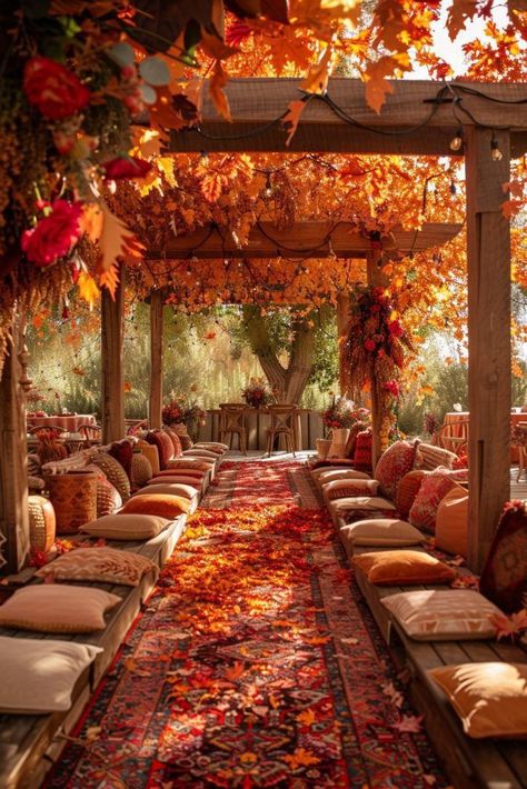 Fall Indian Wedding Decor, Red And Orange Garden, Harvest Festival Wedding, Colourful Autumn Wedding, Boho Wedding Flower Arrangements, Autumn Wedding Aesthetic, Whimsical Wedding Theme, Harvest Wedding, Boho Wedding Ideas