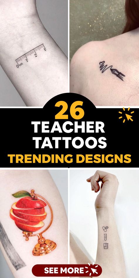 Calling all educators! Explore a collection of 26 inspiring teacher tattoos that showcase the beauty of teaching. Whether you prefer whimsical designs or heartfelt quotes, these tattoos are a symbol of the commitment and enthusiasm teachers bring to their work. Let these stunning ink ideas ignite your creativity and show off your passion for education with pride. Teaching Tattoos, Teacher Symbol, Chemistry Tattoo, Teacher Tattoos, Nape Tattoo, Love Your Job, Globe Tattoos, Tattooed Teacher, Foot Tattoos For Women